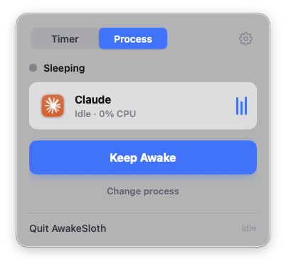 AwakeSloth process mode ready to watch a selected app