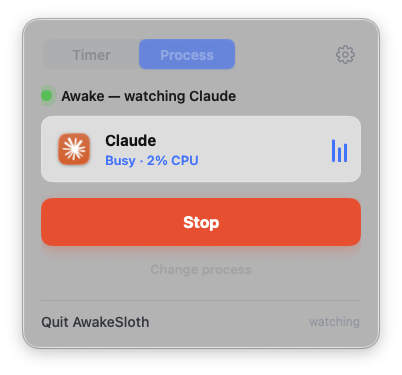 AwakeSloth watching an active process and keeping the Mac awake