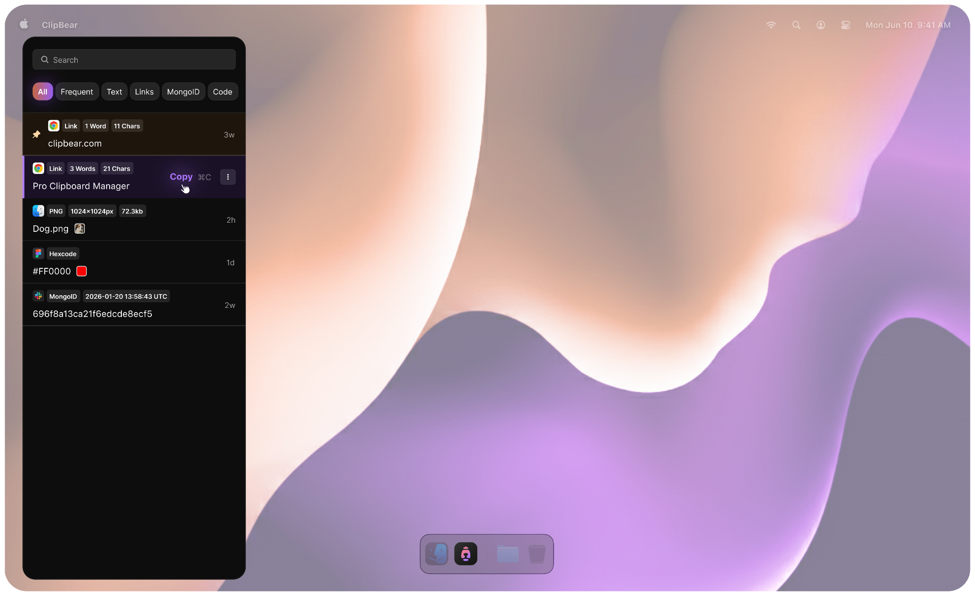 ClipBear menu bar app showing clipboard history with smart content detection