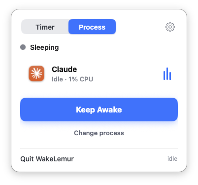 WakeLemur process mode ready to watch a selected app