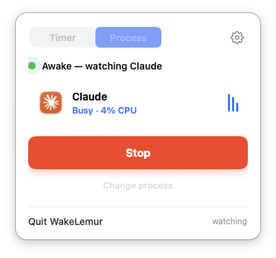 WakeLemur watching an active process and keeping the Mac awake
